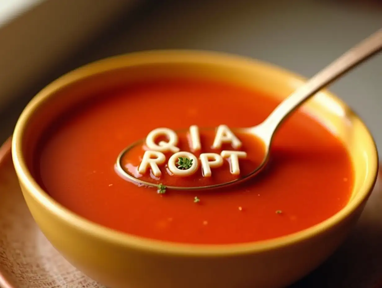 Imagine a whimsical scene where a spoon is dipped into a vibrant bowl of alphabet soup. As the soup's warm, rich tomato color glistens, playful letters float amid the broth. Centered in the spoon is a surprising formation spelling 'QIA ROPT,' making you ponder the mysteries of food and words. Create a quirky narrative exploring the accidental humor of a simple meal revealing unexpected messages. legume, bean