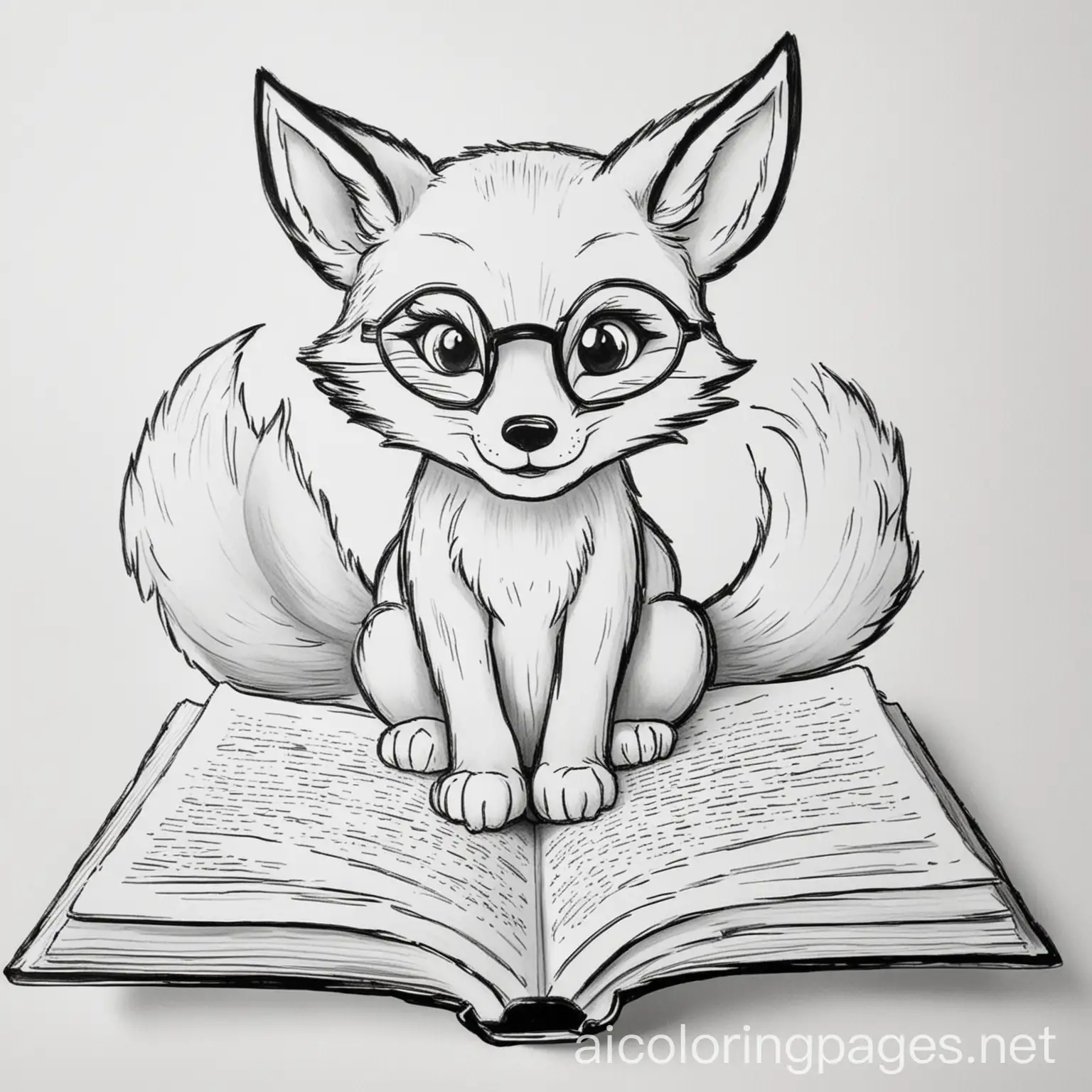 Fox-Reading-Book-Coloring-Page-Black-and-White-Line-Art