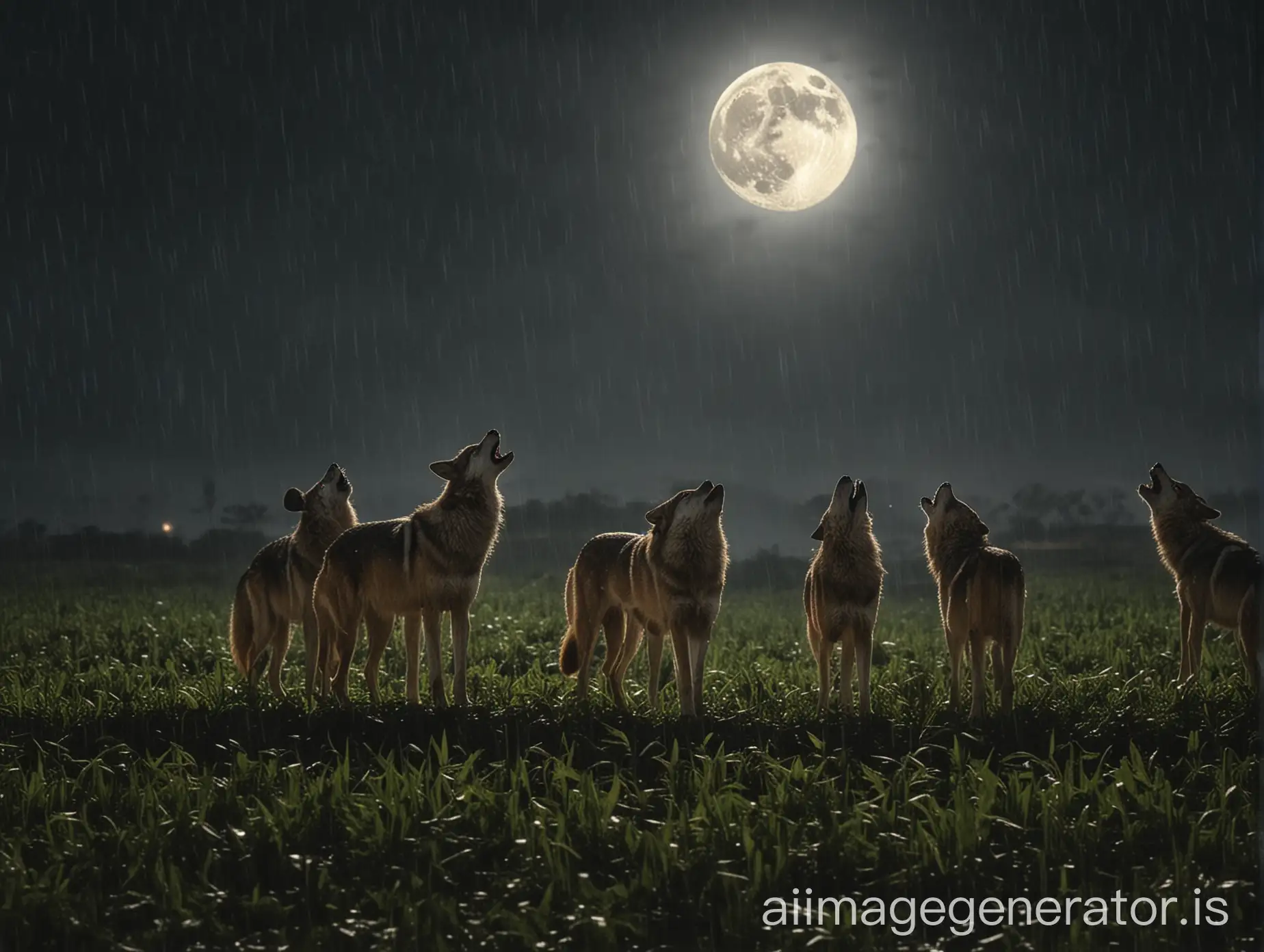 some indian wolf are howling in a harvesting field in a full moon night its raining