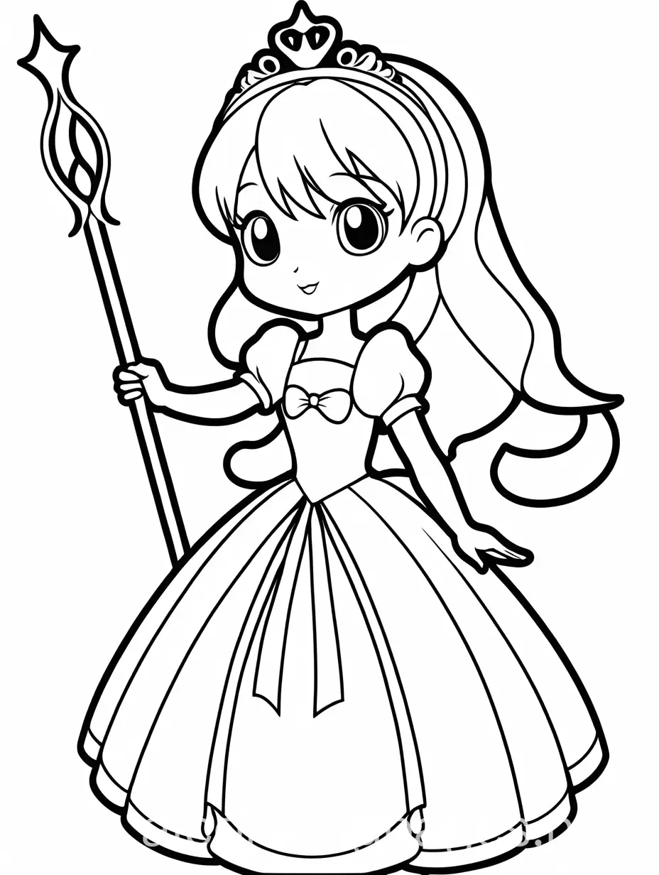 Anime-Princess-Coloring-Page-with-Bow-Wand-Black-and-White-Line-Art