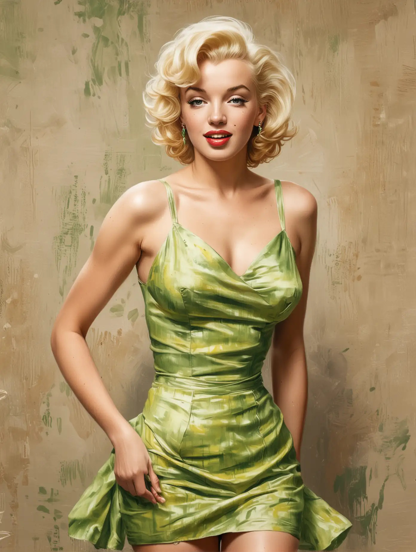 Marilyn Monroe in short yellow and green dress, background oilpaint with thick brush paints on linen