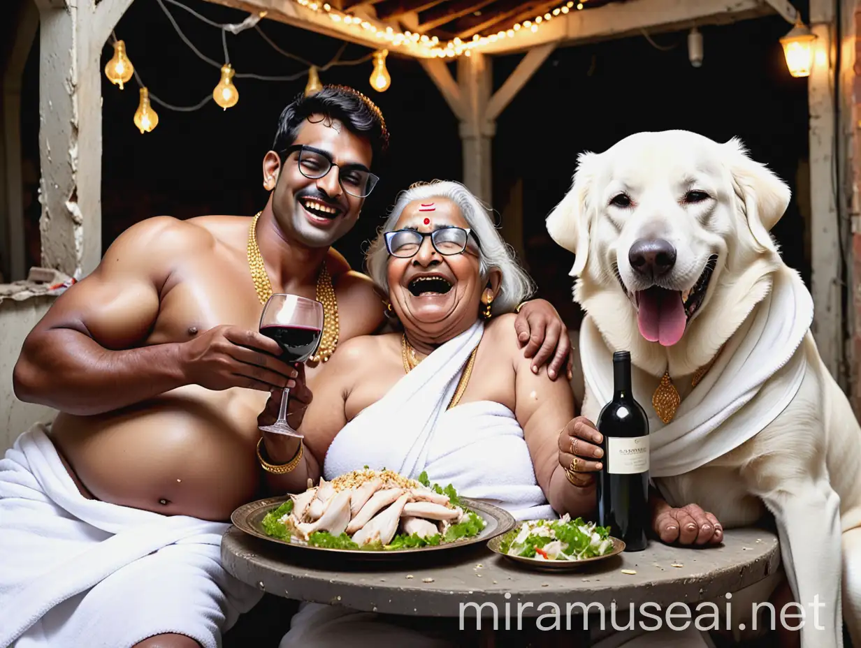 Indian Man and Woman Sleeping with Tandoori Chicken and Dog in Old Building