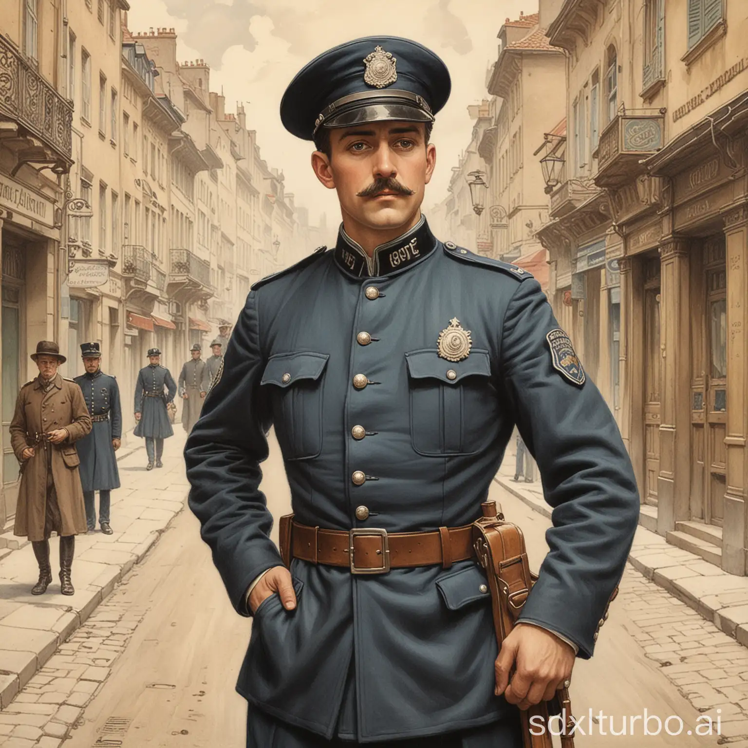 Art-Nouveau-Drawing-of-a-19th-Century-Policeman-in-a-Street-Scene