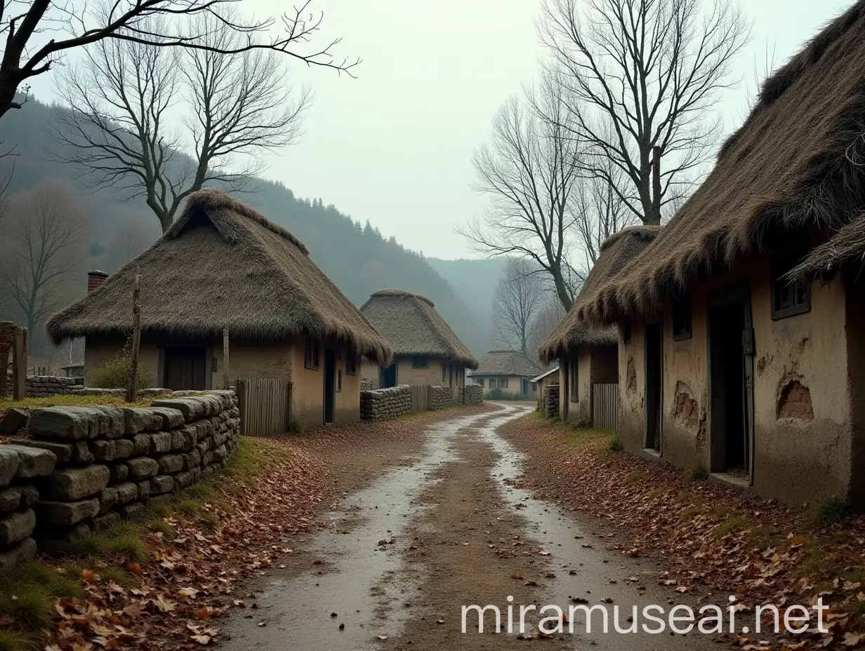 Historic Rural Poverty Shabby Farmhouses and Desolate Landscape