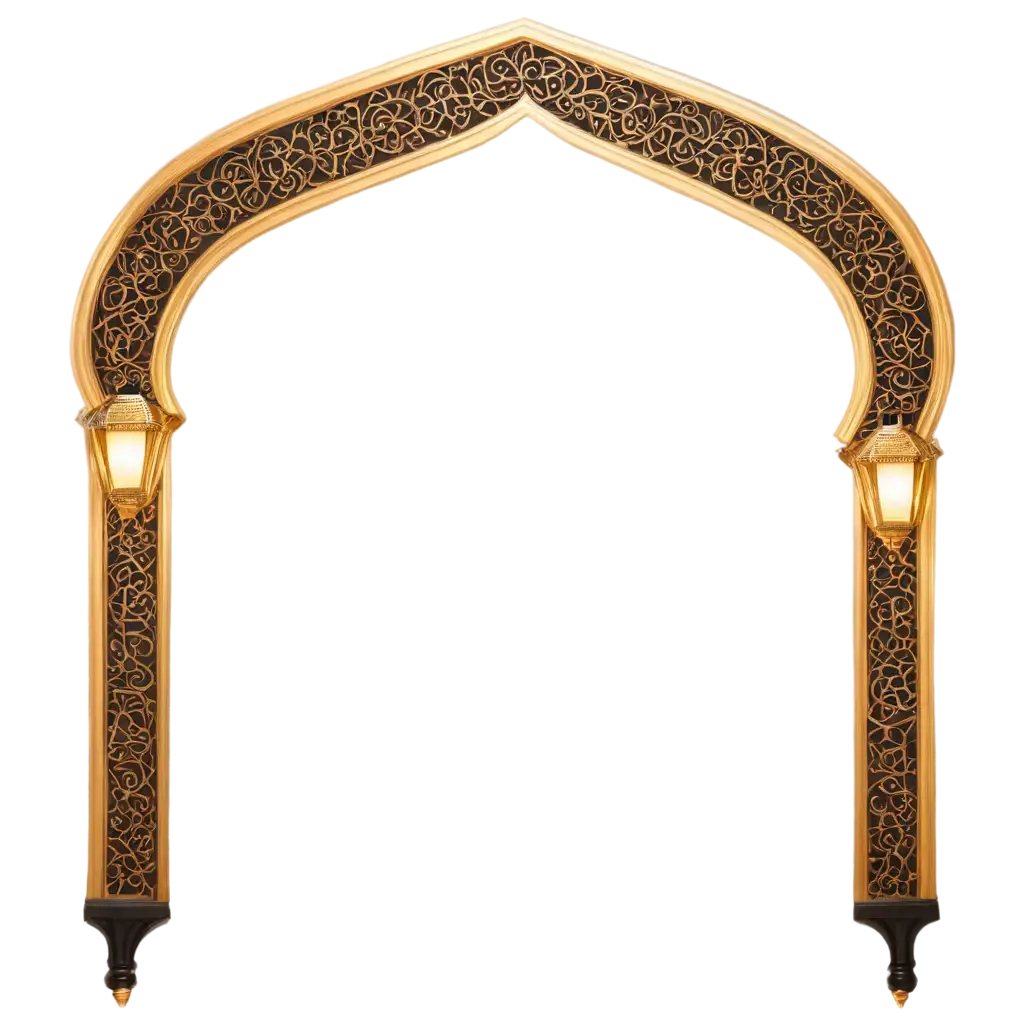 Realistic, creative, attractive Islamic-themed 3D composition, isolated on a white background. A golden-framed arch with intricate geometric patterns, inspired by traditional Islamic architecture. Inside the arch, a star-shaped frame holds an open golden Quran on a wooden Rehal, symbolizing spirituality and knowledge. On both sides of the arch, two black cannons with golden details, representing historical Ramadan traditions. Glowing lanterns at the base add warmth and a spiritual ambiance. Soft, misty clouds in the background enhance depth and elegance.