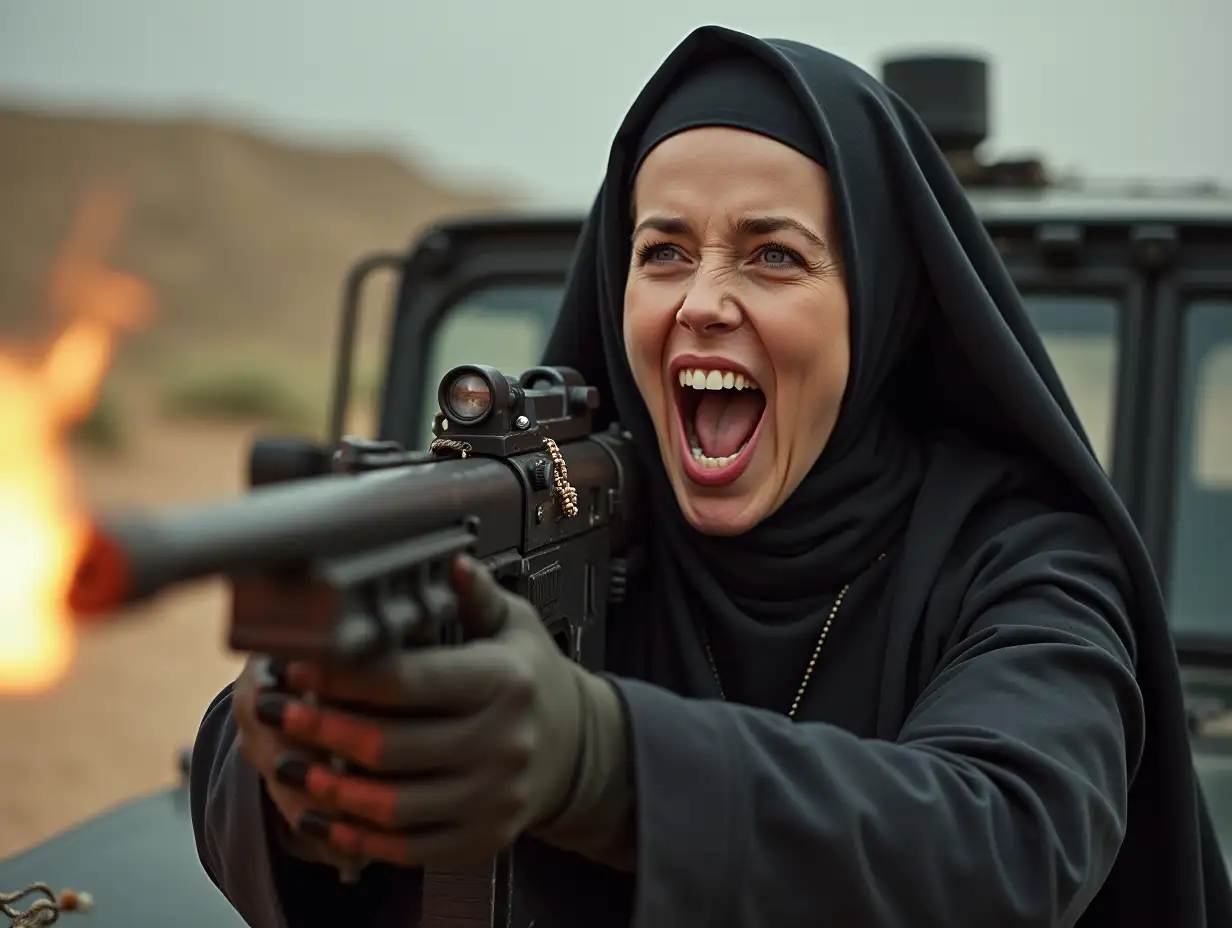 A beautiful Nun, she is behind a gun shield mounted on top of a black Humvee. She is firing the general purpose machine gun as the Humvee bears down on the viewer, Fire spitting from the muzzle of the gun as she fires, her mouth open in a battle cry, white teeth bared against her red lips, her rosary flying from her neck in the wind.