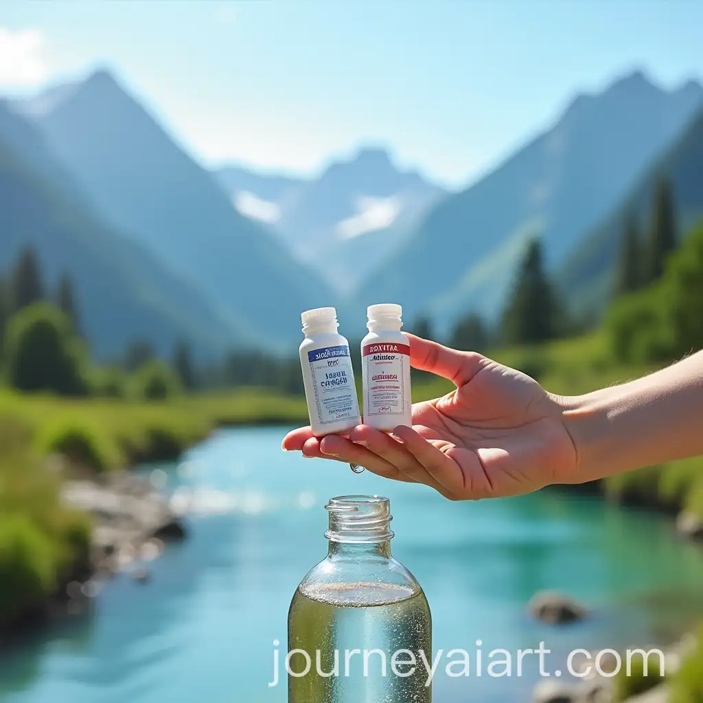 Hand-Holding-DIOXVITAE-Bottles-Above-Transparent-Water-Bottle-with-ScenicAI-Art-Prompt-Expansion-Mountain-Background