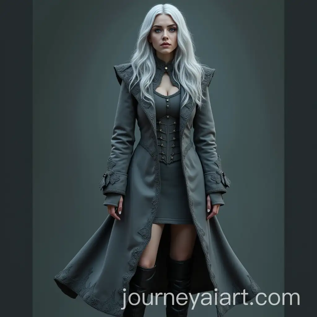 Fantasy-Woman-with-Silver-Hair-in-Ripped-Grey-Coat-Dress-and-Boots