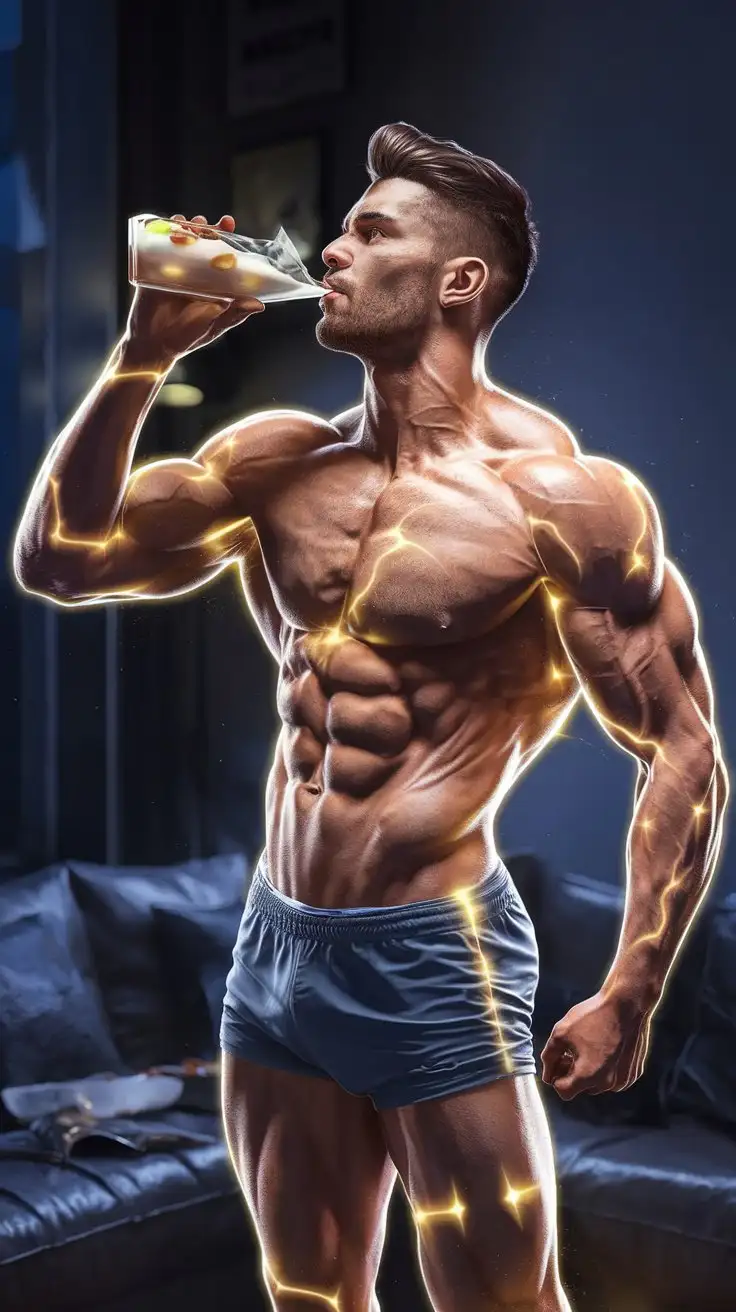 Alone in his apartment at night. Well muscled, 35-year-old athlete standing, drinking ambrosia, glowing with luminous golden energy. Photorealistic.