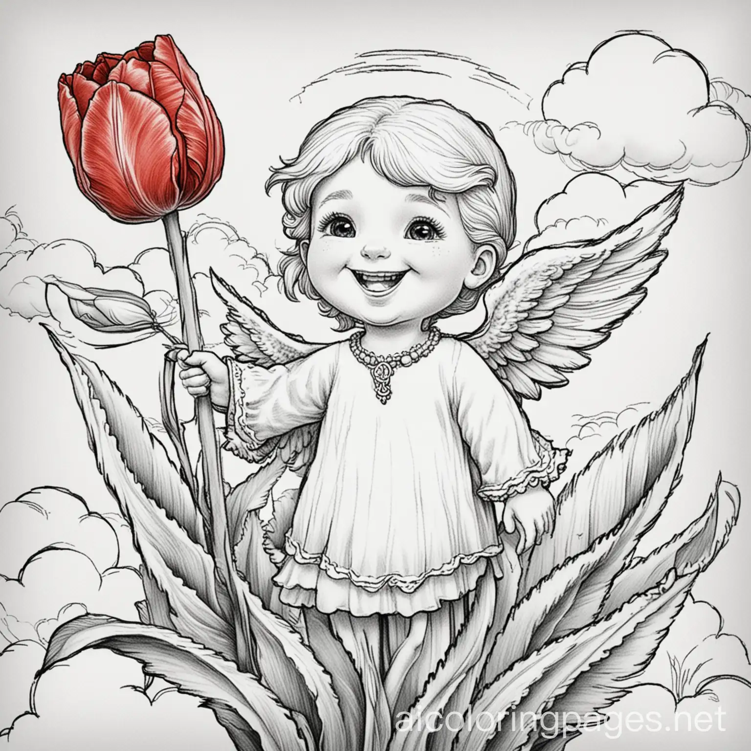 Smiling-Angels-Coloring-Page-with-Red-Tulip-on-Blue-Background