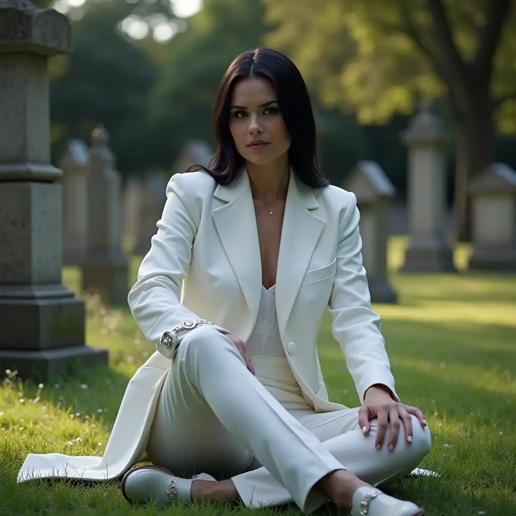 Teagan-Croft-as-Female-Vessel-of-Lucifer-in-Graveyard-with-White-Suit-and-Polished-Accessories