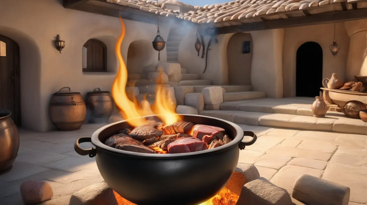 Ancient Hebrew Courtyard Burning Meat in a Cauldron