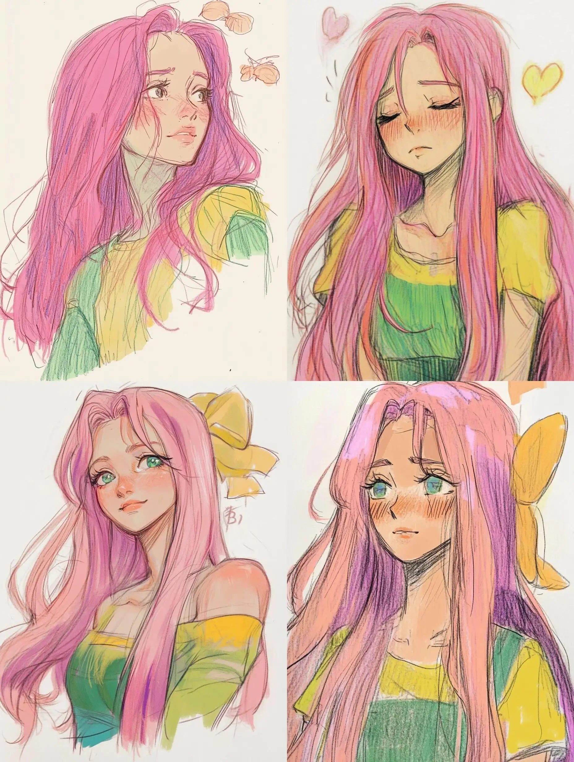 Shy-Girl-with-Long-Pink-Hair-in-Green-and-Yellow-Clothing-NotebookStyle-Pencil-Drawing