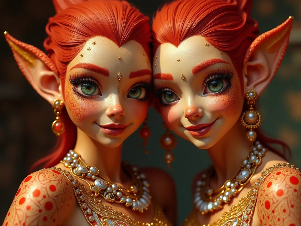 Two young red-gold patterned older Fish with Alien face, with red hair, with a slight smile on their face, emphasizing their smile, modern retro jewelry, in a temple with many diamonds of various shades 4k