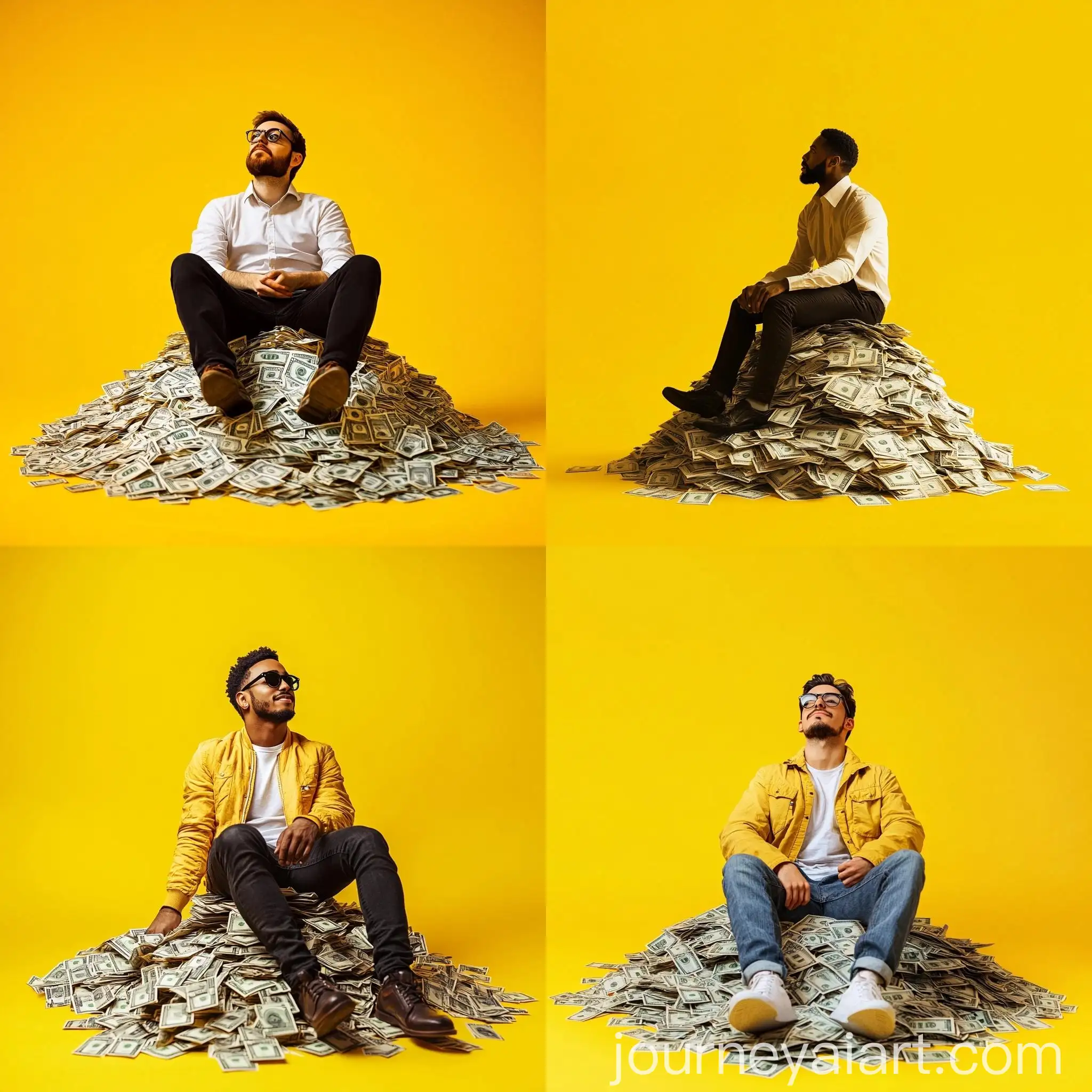 Man-Sitting-on-Pile-of-Money-on-Yellow-Background