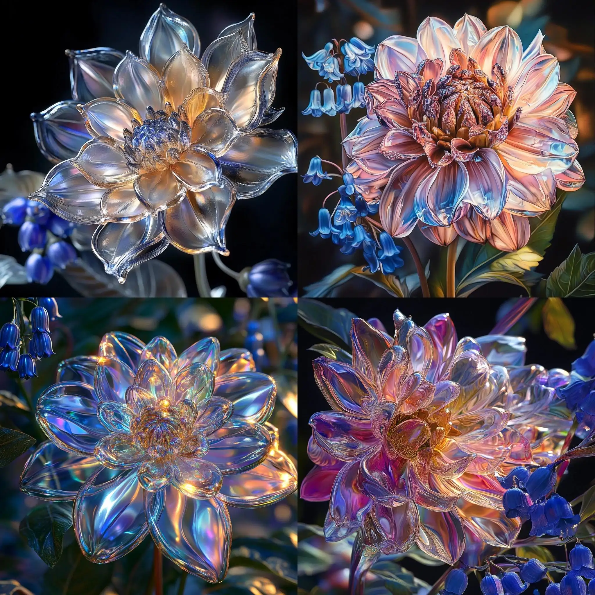 Prismatic-Glass-Dahlia-and-Blue-Bells-in-Warm-Evening-Light
