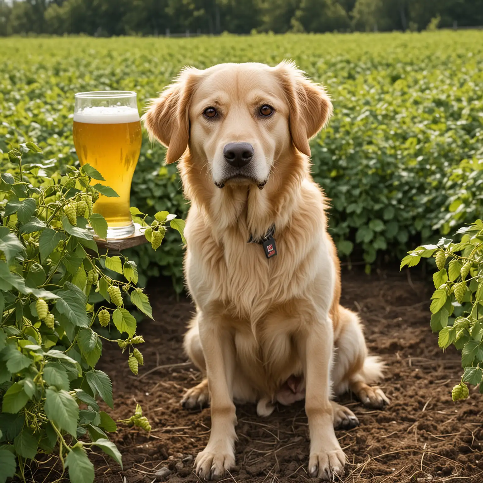 Cheerful Dog in Hop Field with Light Beer