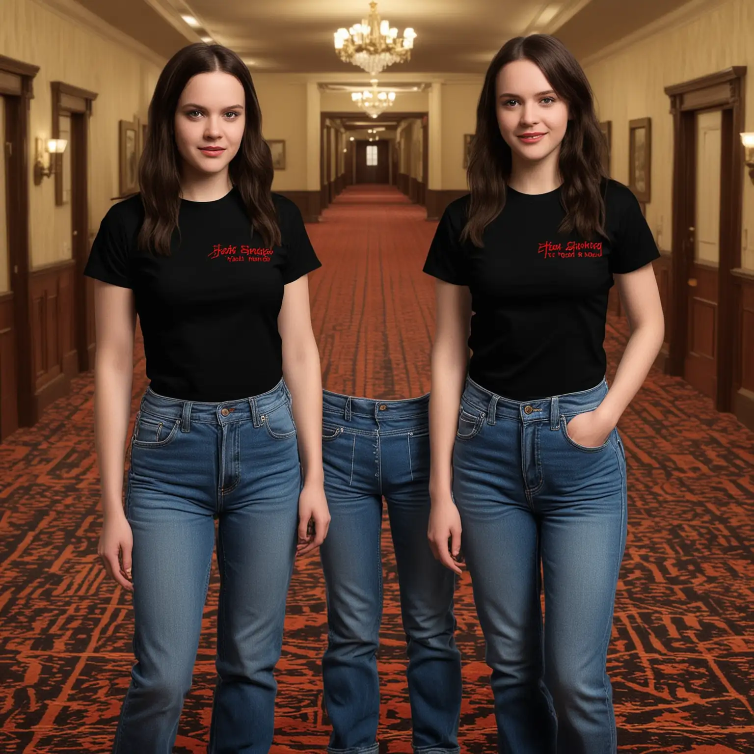 Identical Female Twins in Black Tees at Shining Hotel