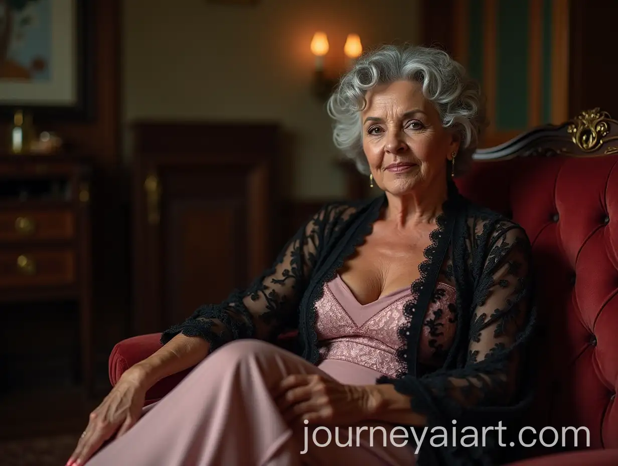 Elegant-70YearOld-Woman-in-Lace-Kimono-Relaxing-on-Couch-in-Romantic-Setting