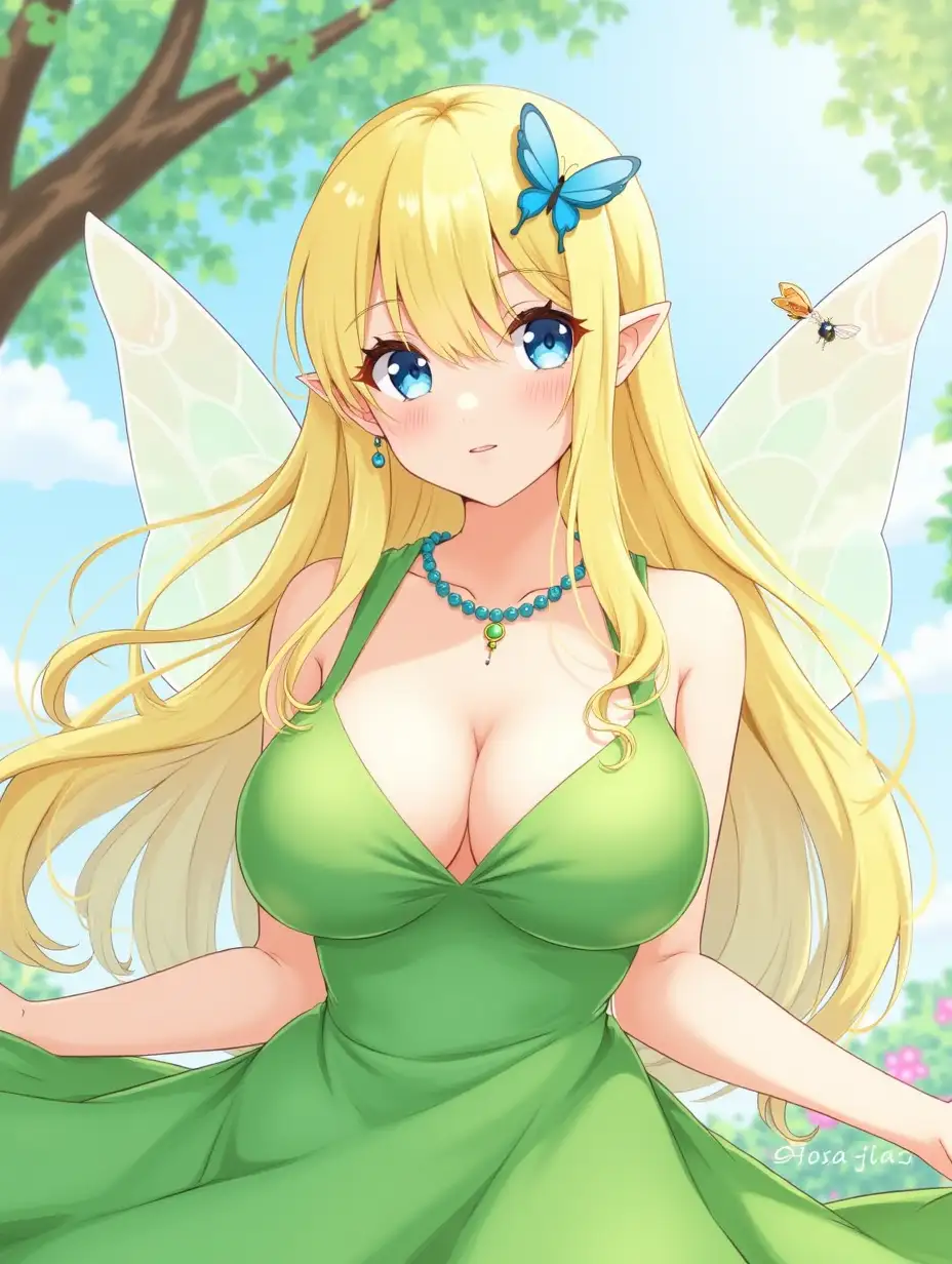 1girl, breasts, jewelry, nipples, pointy_ears, wings, butterfly_wings, butterfly, solo, blonde_hair, butterfly_hair_ornament, earrings, bug, flower, hair_ornament, long_hair, necklace, outdoors, dress, fairy, mole_on_breast, blue_eyes, mole, looking_at_viewer, breasts_out, huge_breasts, parted_lips, day, green_dress, lips, fairy_wings, tree, bare_shoulders, large_breasts, artist_name, smile, sky, v_arms