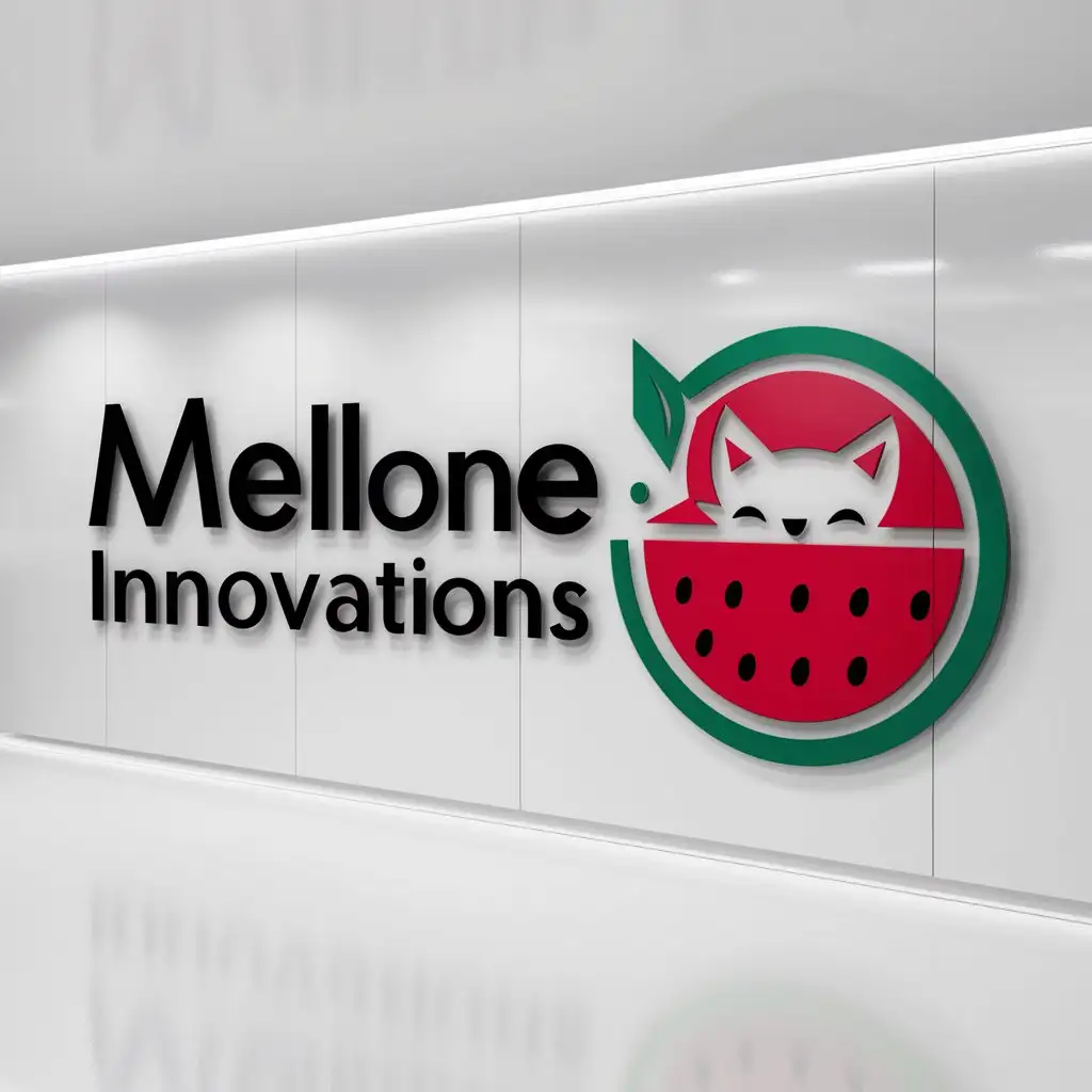 a logo design,with the text "MellonE innovations", main symbol:watermellon and a cat,Moderate,be used in Technology industry,clear background