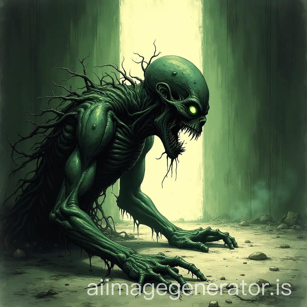 A detailed, dark and grainy illustration in the style of a dark fantasy comic or sketch, reminiscent of the 'Dark Tower' series. The scene is a medium shot showing the appearance of a mutant silhouette. The creature is twisted and crawls in a beam of light. Pale colors highlight greenish skin, protruding veins, and glowing eyes. The creature growls faintly and reaches out a deformed hand. The overall atmosphere is menacing and horrific. Emphasize complex line work, hatching and a limited, desaturated color palette (sepia or dark greens/grays) to match the provided style.