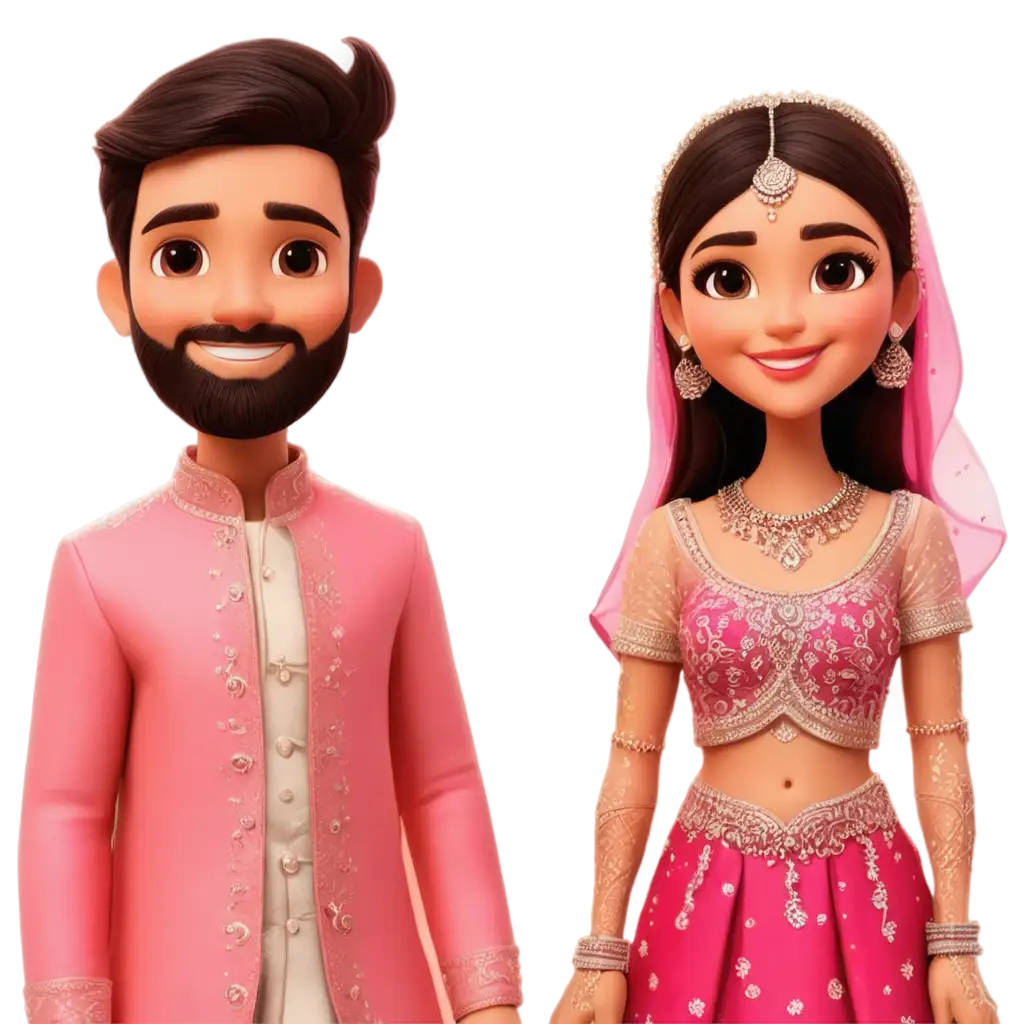 Stunning-Henna-Cartoon-PNG-Bride-and-Groom-in-Pink-Lehenga-and-Sherwani