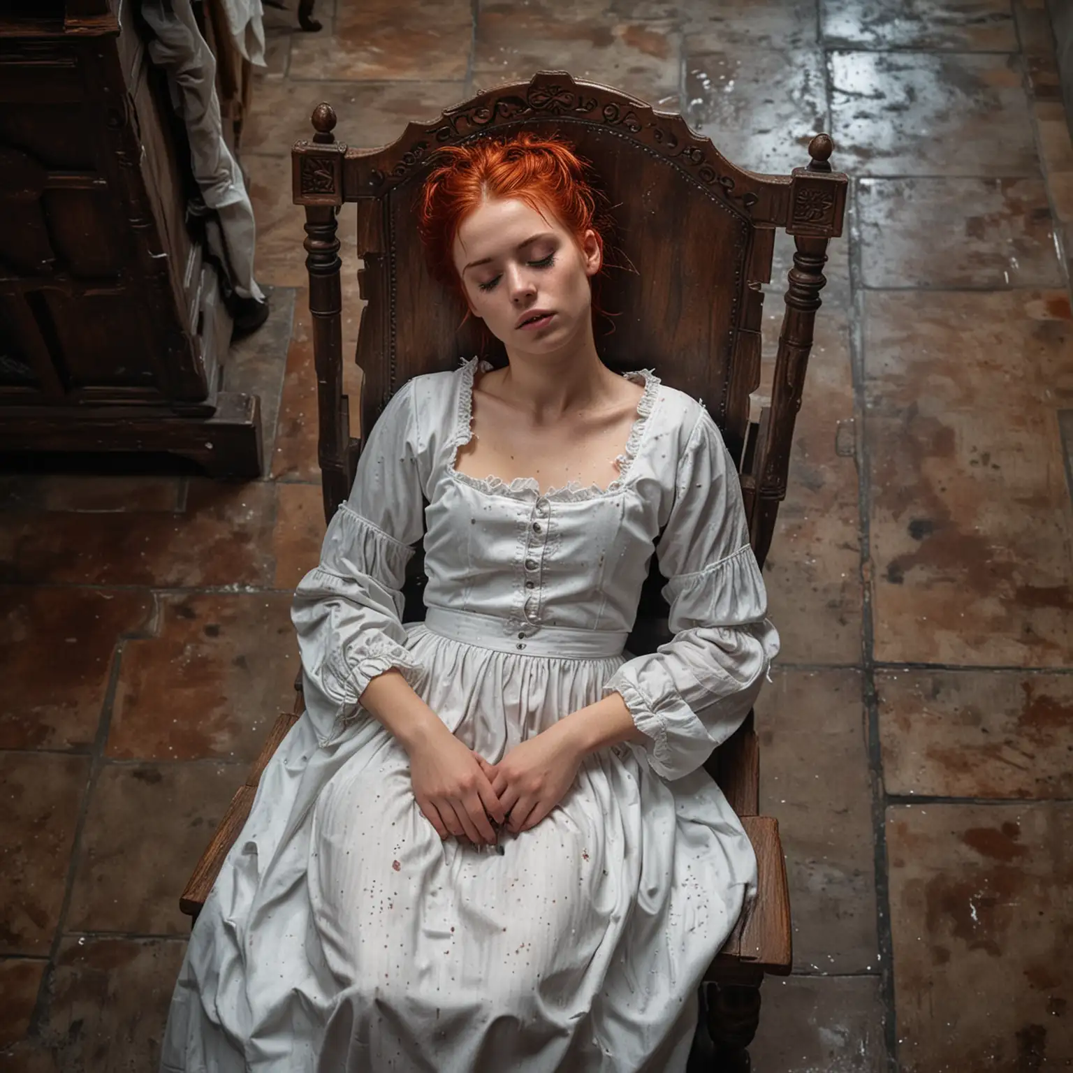 4k photo of a young woman with red hair tied to a chair, Top view, She lies with closed eyes, wearing a simple white wet dress and has a gloomy expression on her face. A medieval doctor is stands next to her. In the background is a Gothic room, the Middle Ages. Spain
