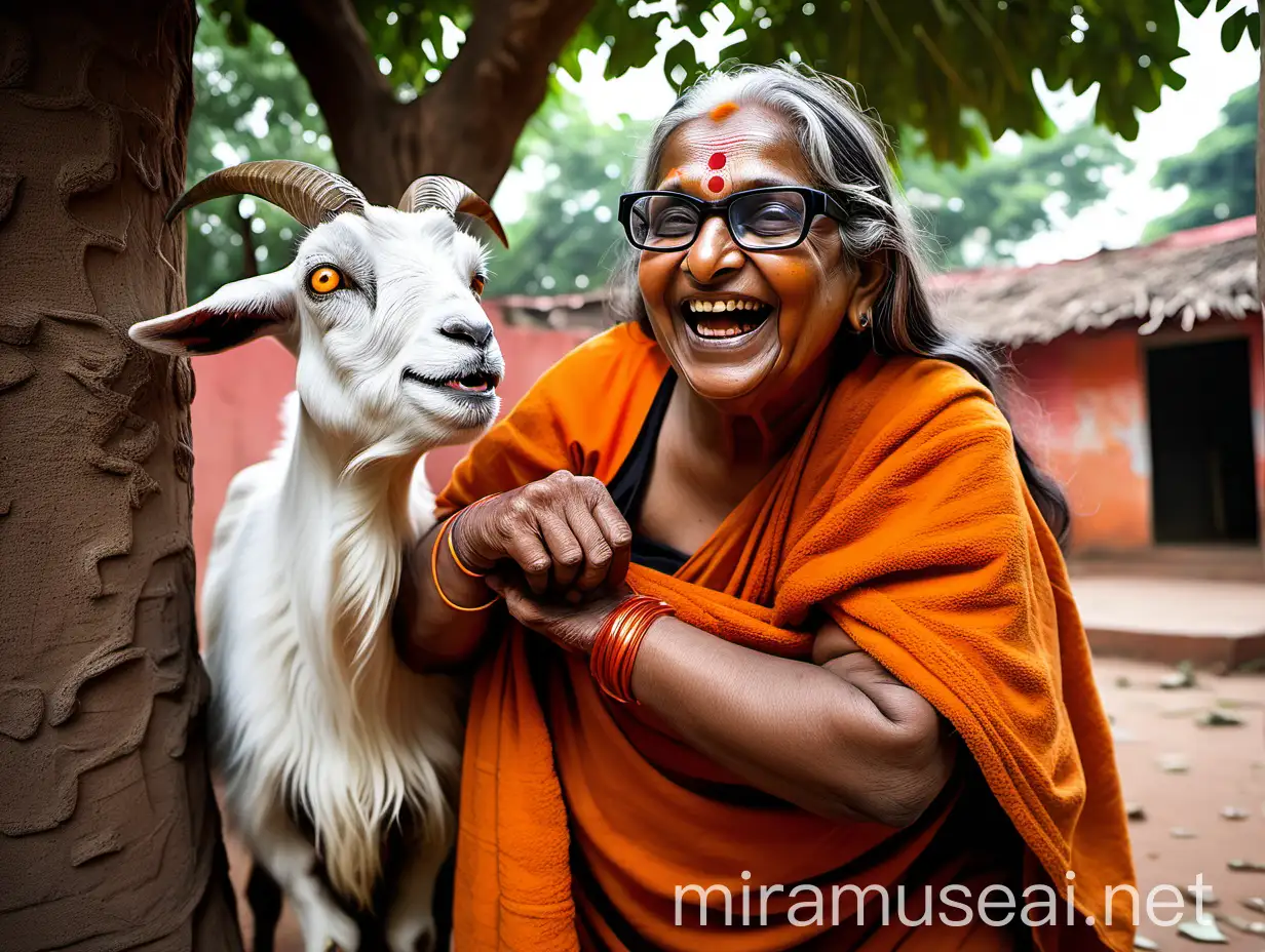 Elderly Hindu Woman Monk Squatting with Baby and Goat in Ashram Courtyard