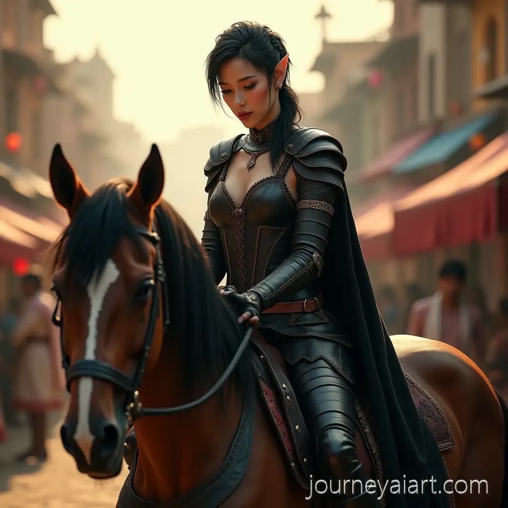 Elven-warrior-in-marketElven-Warrior-Woman-Riding-Majestic-Horse-in-Colorful-Indian-Market