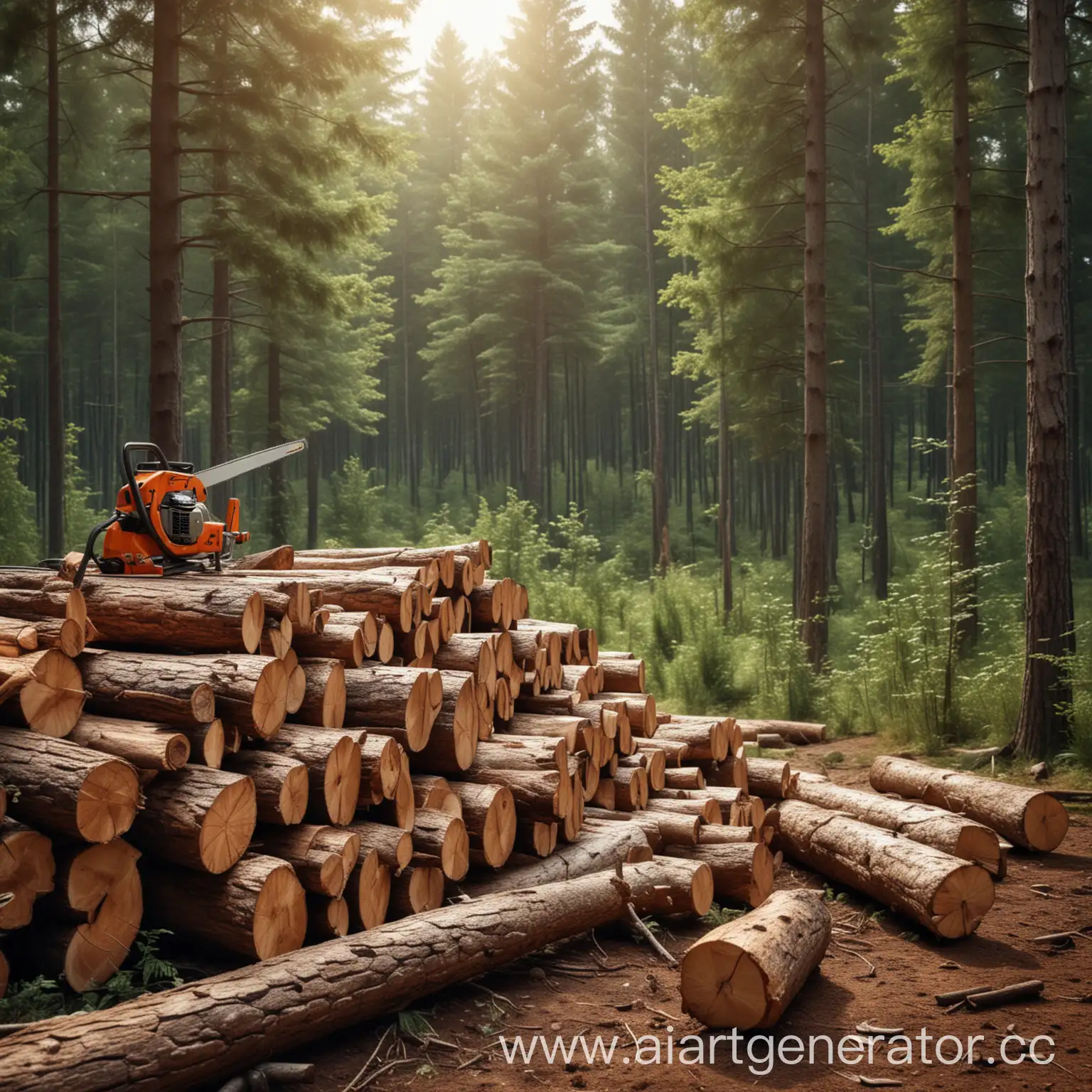 Advertisement-for-Woodworking-Plant-Logs-and-Shiny-Saw-in-a-Beautiful-Forest-Setting