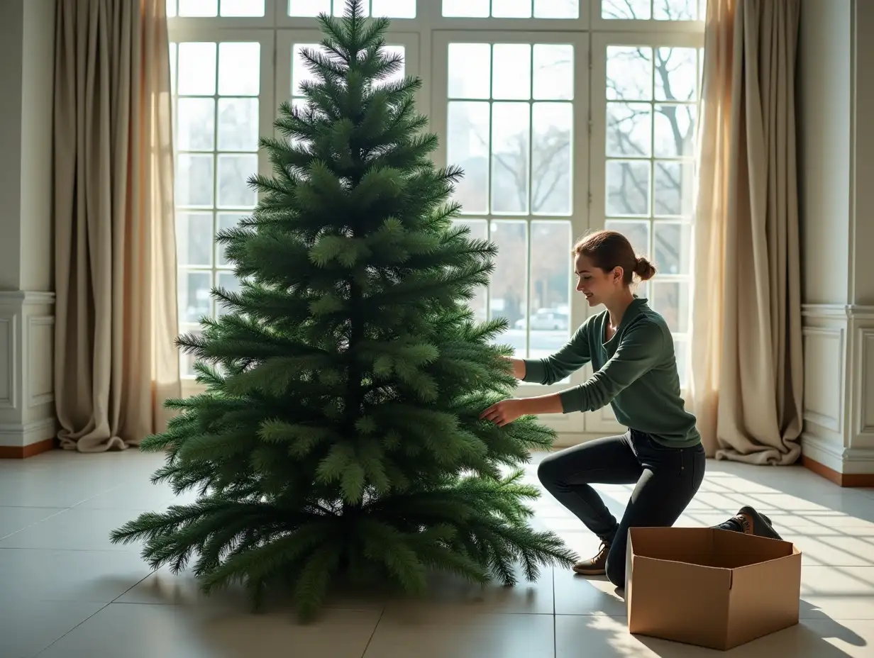 Photo-realistic image. A young woman, about 30 years old, is assembling a green artificial Christmas tree, the tree is assembled from three parts. The tree is almost assembled, the top is in the hands of the woman. Next to the tree, on the floor there is a rectangular box from the tree. The tree is in a large luxurious house, with large windows