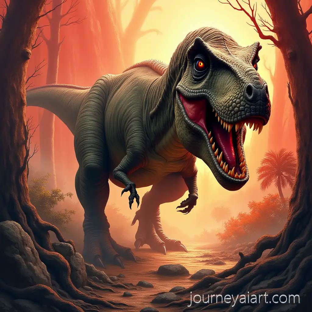 Realistic-Tyrannosaurus-Rex-Charging-Through-Prehistoric-Forest-with-Dynamic-Lighting