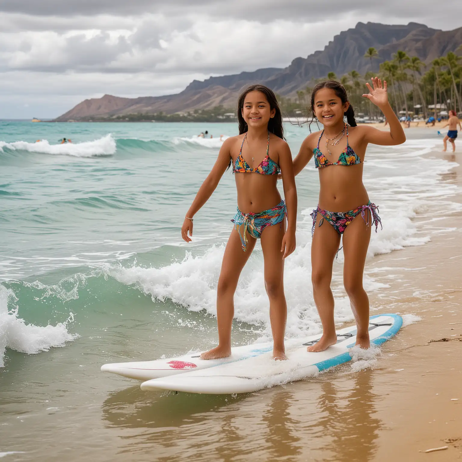 Two-Preteen-Native-Hawaiian-Girls-Surfing-at-Waikiki-Beach