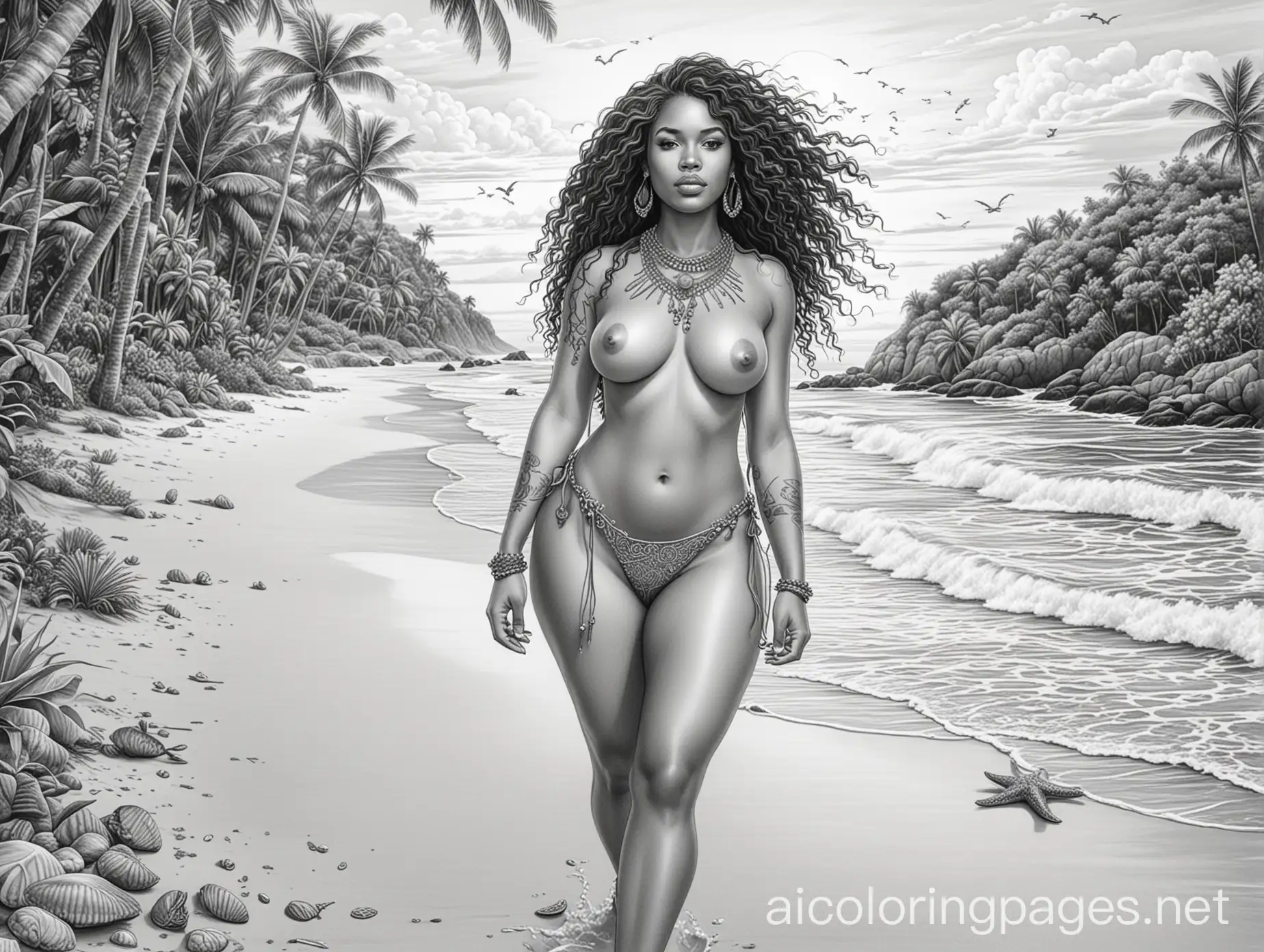 Line art, black in white, voluptuous naked native female from carribean, with African hair, shell jewelry, walking on a tropical beach, with palm trees overhanging the sea, big waves barreling on the shore, crabs and starfish, shells on the sand. Sunset, Coloring Page, black and white, line art, white background, Simplicity, Ample White Space. The background of the coloring page is plain white to make it easy for young children to color within the lines. The outlines of all the subjects are easy to distinguish, making it simple for kids to color without too much difficulty