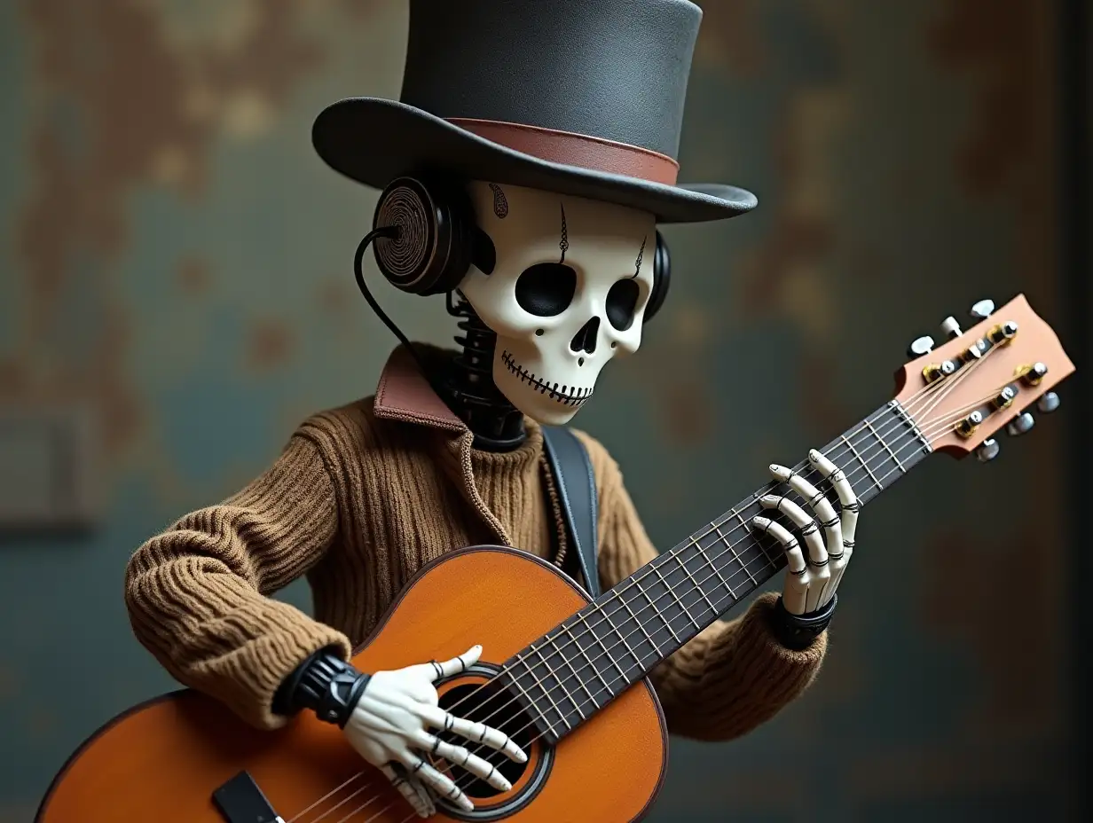 Create a high-resolution, realistic image of a robot with a skeletal body, porcelain hands and head with eyebrows, a sweater, a Steampunk top hat and a guitar in 4K resolution (Steampunk 8K quality)