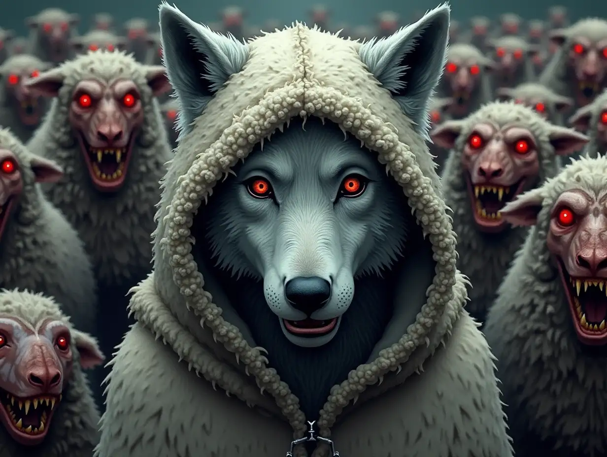 Scared kind old gray wolf with a sad expression on its muzzle. Wearing a clean hooded cloak that looks like a sheepskin, covered in wool. The hood almost covers the wolf's muzzle. Around the wolf is a crowd of terrifying zombie-sheep, with bloody and sharp teeth, glazed red eyes, dirty skins with wounds. The wolf does not stand out from the crowd. Stained glass style.