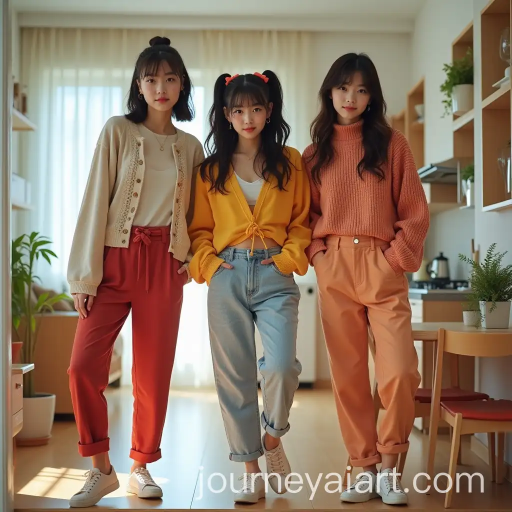 Three-Asian-University-Girls-in-Stylish-Apartment-with-Vibrant-Energy-and-Friendship