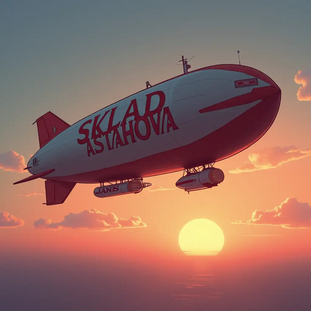  A large airship is flying in the sky, with the inscription *SKLAD ASTAHOVA* on it, sunset, animation style