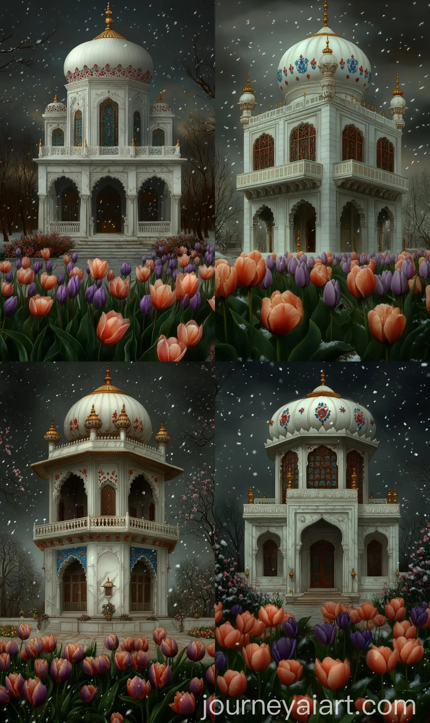 Watercolor-Art-of-Mughal-Gurdwara-with-Floral-Facade-and-Snowfall