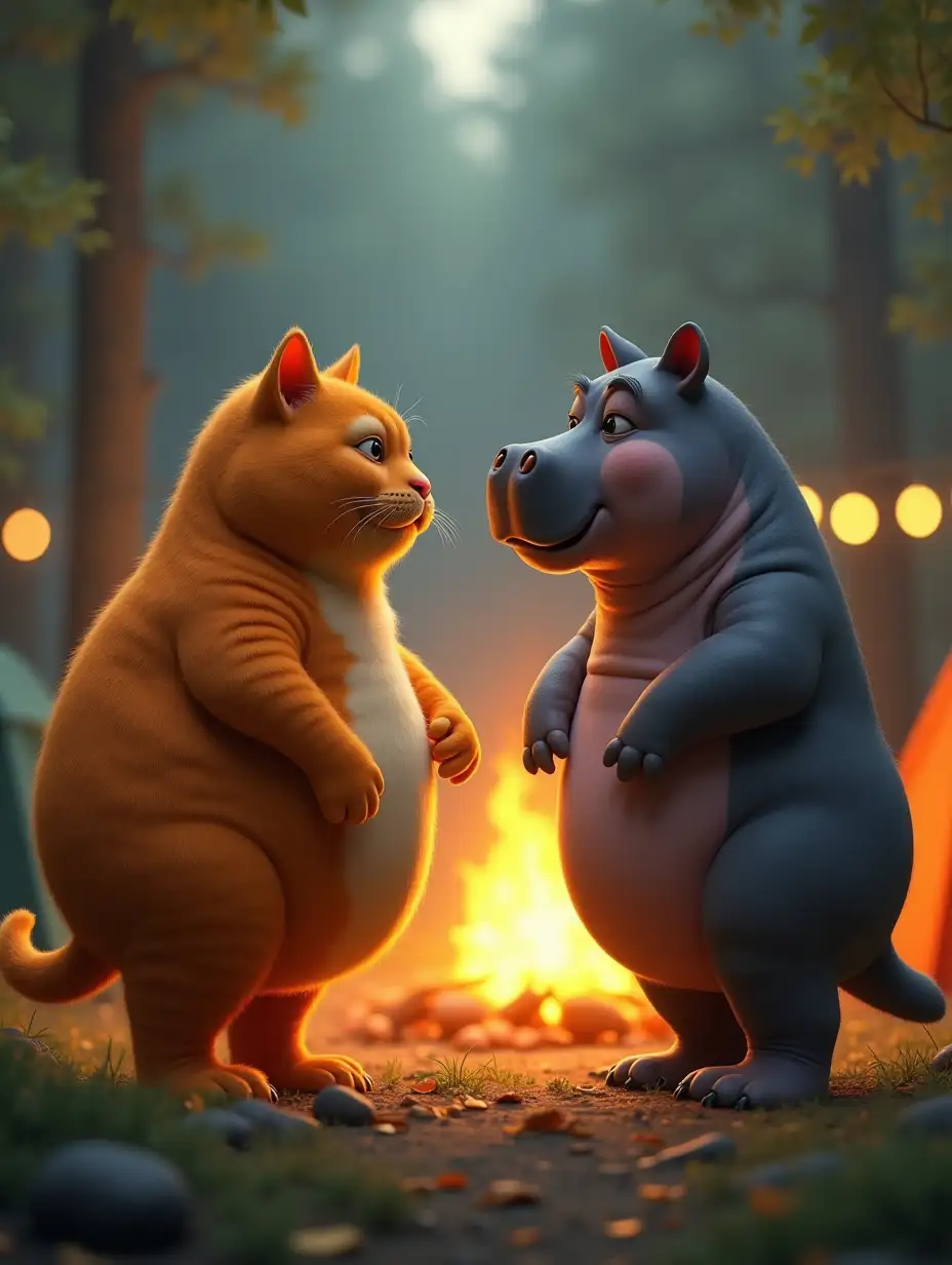 Personified-Orange-Cat-and-Hippopotamus-Duel-at-a-Campsite