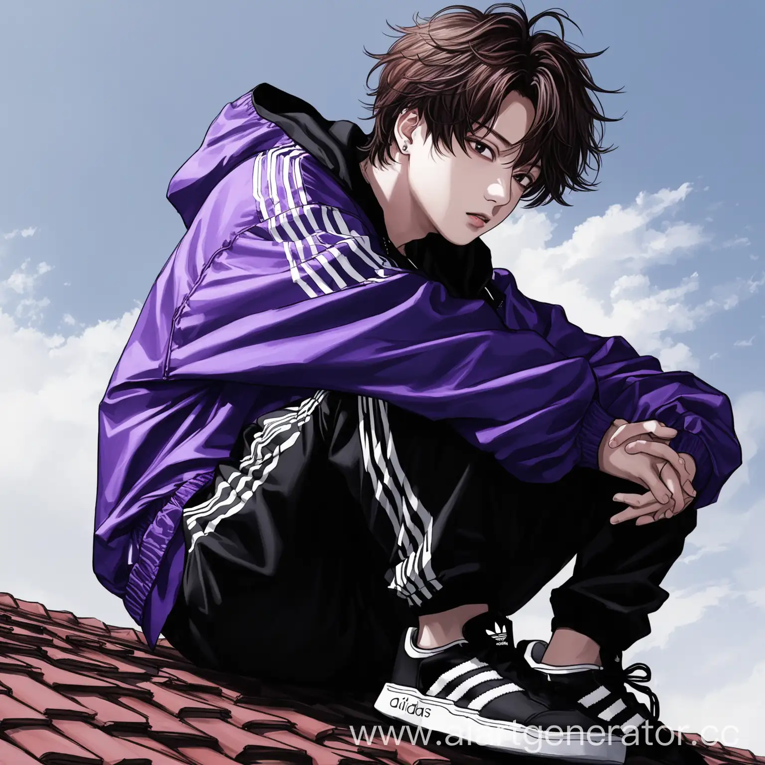 art drawn by Jungkook from BTS, Jeon Jungkook's facial features, jungkook is sitting on the roof, view and angle from below, shooting from below, jungkook is wearing an adidas black and purple windbreaker, the wind is blowing his hair, jungkook rests his hands on the edge of the roof, his legs hang down