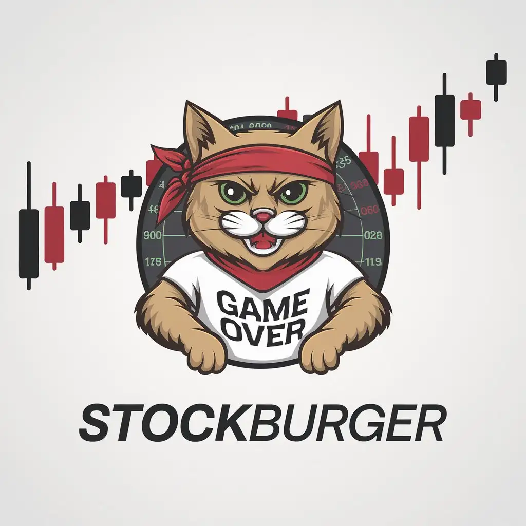 LOGO Design for StockBurger Hungry Cat with Red Bandana Game Over TShirt and Trading Candles for Finance Crypto Industry