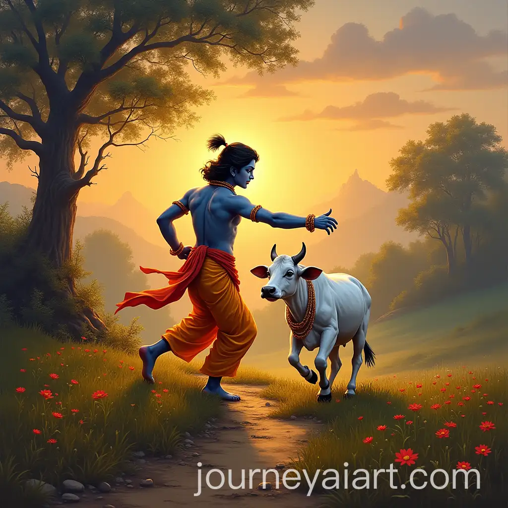 Lord-Krishna-Dancing-Gracefully-with-a-Cow-in-a-Serene-Twilight-Landscape