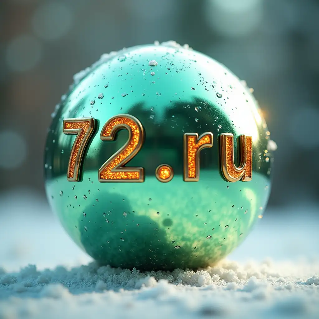 3D metallic ball with 72.ru written on it . the sphere reflects green and winter. and behind the sphere is a gradient of colors