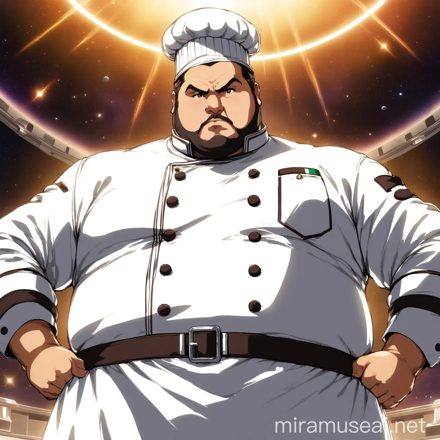 an anime overweight man similar to (((Cannavacciuolo))), he is dressed as a futuristic italian chef, tired look, heroic pose, in epic space anime