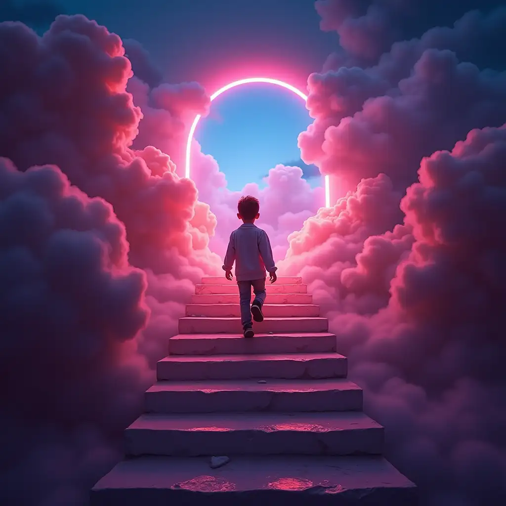 a boy climbing stairs into neon clouds