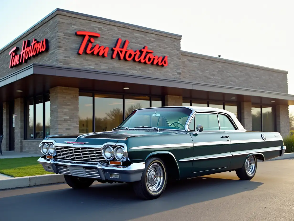 fully detailed picture of  a vintage  1964 Chevrolet Impala parked in front of a Tim Hortons  [side shot]facing camera parked beside a 1957 Chevrolet