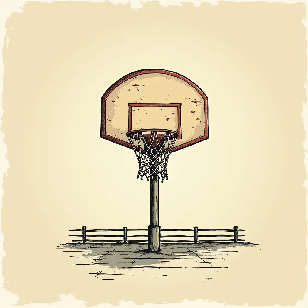 In the background, illustrate a vintage basketball hoop with a slightly worn net, suggesting that many shots have been taken. The hoop could be framed by retro-style bleachers or a simple line drawing of a gymnasium. Textured Background: Use a soft, textured background that mimics old paper or canvas, perhaps with a subtle gradient that complements the color palette. This adds a vintage feel, giving the impression that the design is from a different era.