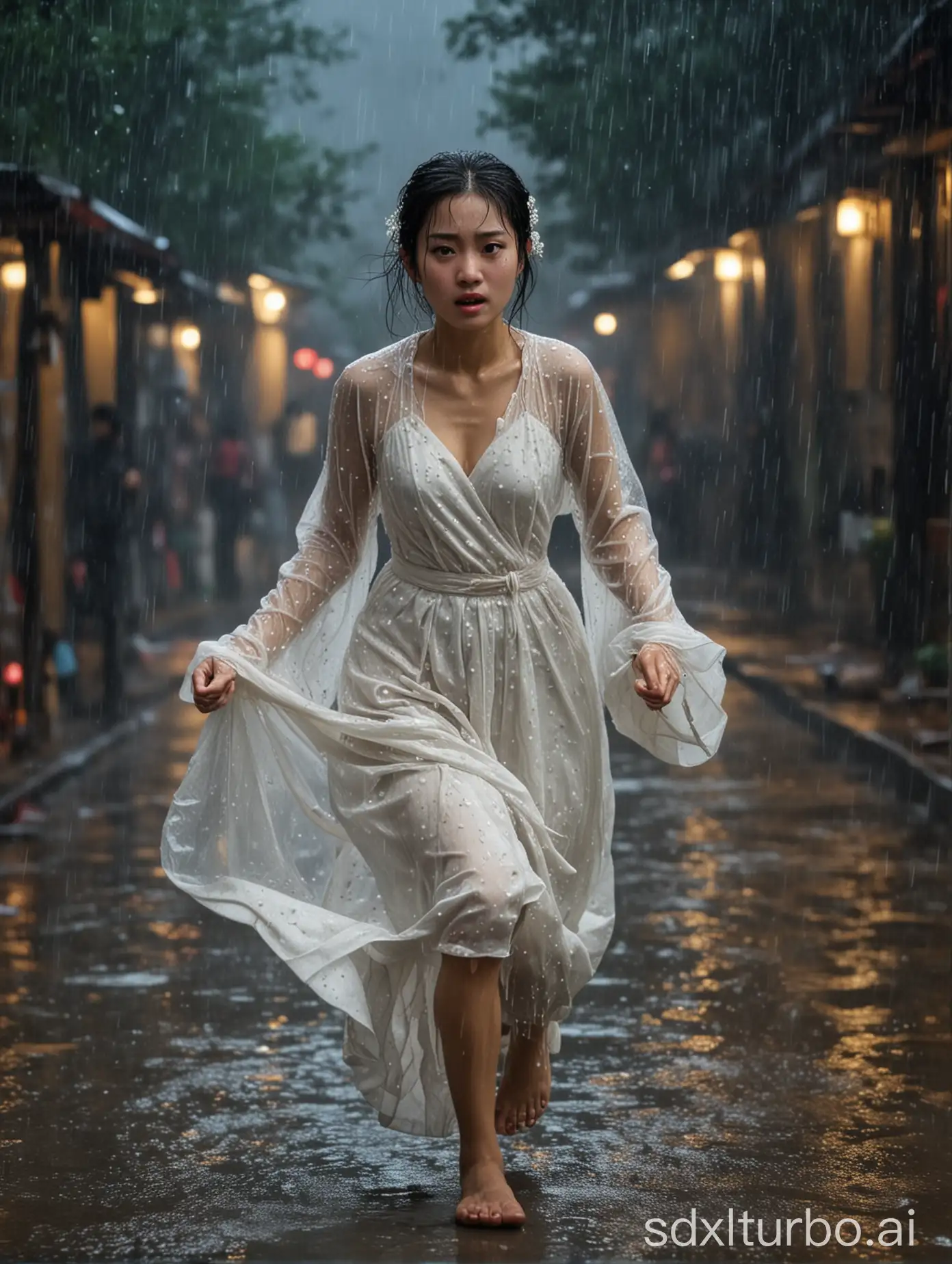 At night, a Chinese girl in a wedding dress is running sadly in the heavy rain.